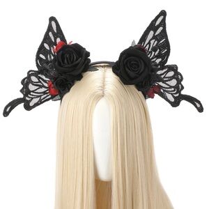Black Floral Womens Headband Hairband Goth Halloween Butterfly Fairy Elf Crown